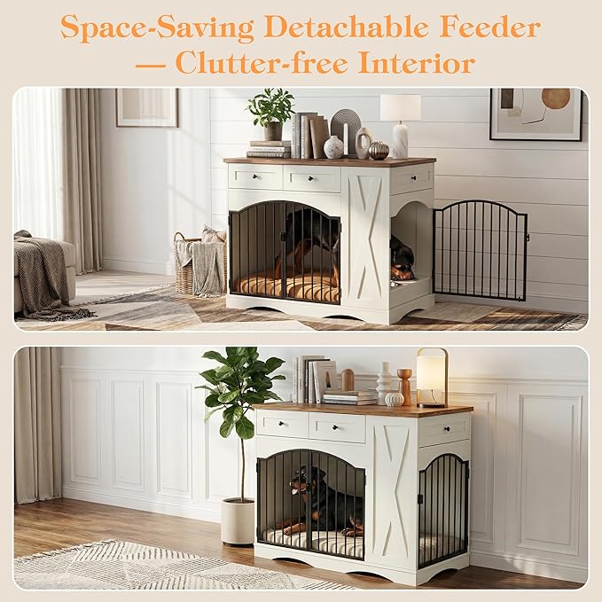43.3" Furniture Style Dog Crate with 3 Storage Drawers, Heavy Duty Wood Pet Kennel with Removable Feeder, Modern End Table Dog House with Dual Doors for Large Dogs (41-70 lbs) (Brown)