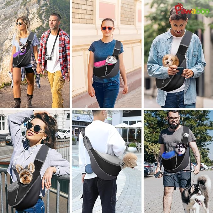 Pawaboo Dog Sling Carrier, Hand Free Breathable Mesh Bag for Puppy Cat, Drawstring Dog Papoose with Adjustable Strap and Pocket, Crossbody Satchel Dogs Purse for Outdoor Travel, L, Indigo