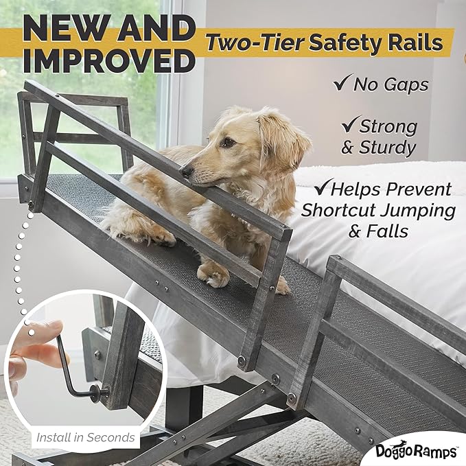 Dog Ramp for Bed, by DoggoRamps – Solid Hardwood Adjustable Dog Ramp for High Beds (up to 37" Tall) with Two-Tier Side Rails & Non-Slip Grip – Small Dog Bed Ramp up to 50lbs – 100% Made in N America