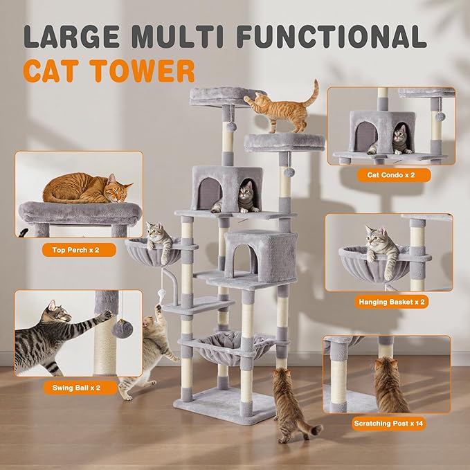 Sweetcrispy 71 inch Cat Tree Tower, Large Multi Level Cat Climbing Tower with Condo, Natural Sisal Scratching Posts, Platform, Hammock, Basket, Tall Pet Tree House for Indoor Cats Play, Light Grey