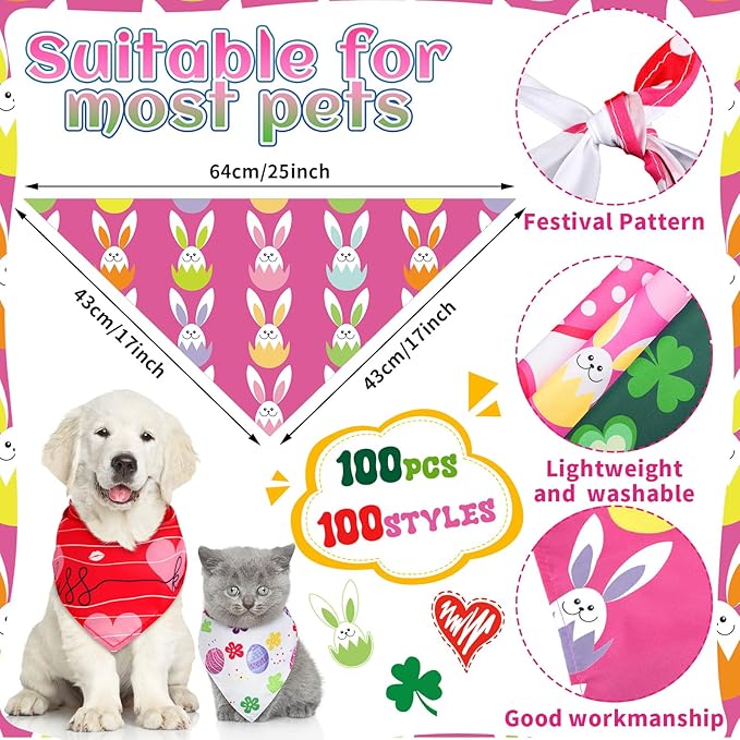100 Pcs Seasonal Dog Bandanas Valentines Day St. Patrick's Day Easter Pet Bandanas Bulk Holiday Triangle Pet Bibs Scarf for Medium Large Dog Spring Festival Costume Decor