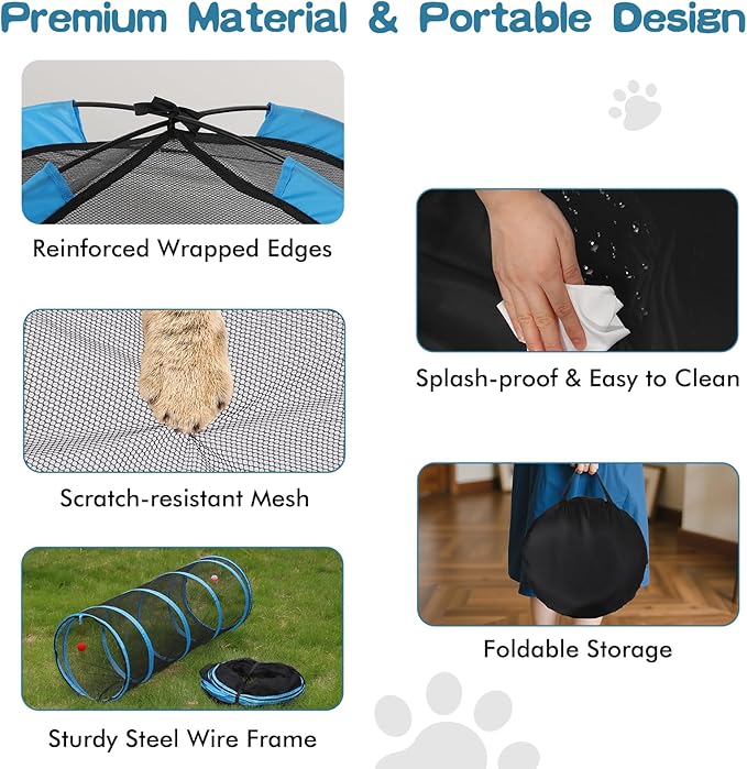 Outdoor Cat Enclosure, 5-in-1 Cat Tent Outdoor Pet Playpen with Tunnel, Portable Catio Play Pen for Outside and Indoor cat Enclosure with Storage Bag for Kitty and Small Animals