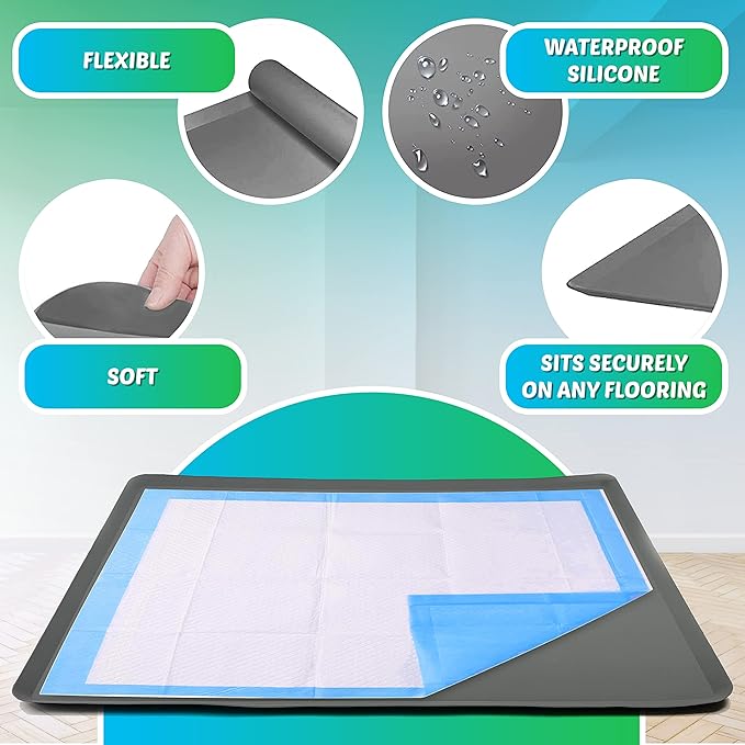 TidyFriend Dog Pee Pad Holder Tray Fits for 28” x 30” Wee Wee Pee Pads - Stable Grip, Raised Edges, Quick-Wipe Silicone Surface Dog Potty Tray Holder for Indoor Flooring Protection (Grey)