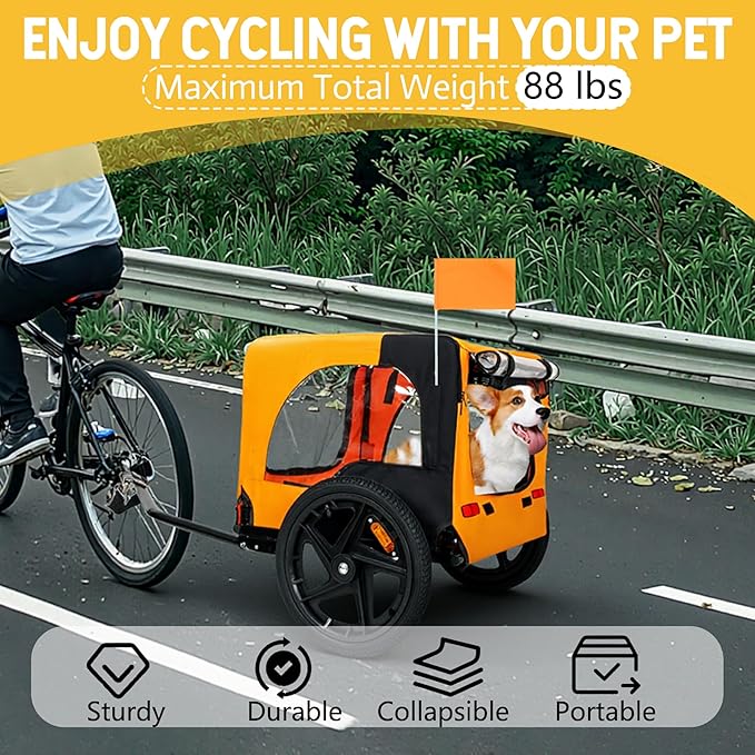 Collapsible Pet Bike Trailer, Portable Dog Bicycle Trailer with Enhanced Safety Design, Weatherproof & Ventilated Pet Carrier for Small to Medium Pets Up to 66 lbs (Orange)