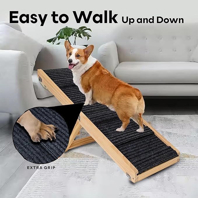 Dog Ramp for Bed and Couch - Wooden Adjustable Pet Stairs with 4-6 Height Settings for Dogs, Cats, Puppies, Pets and Indoor Outdoor Use
