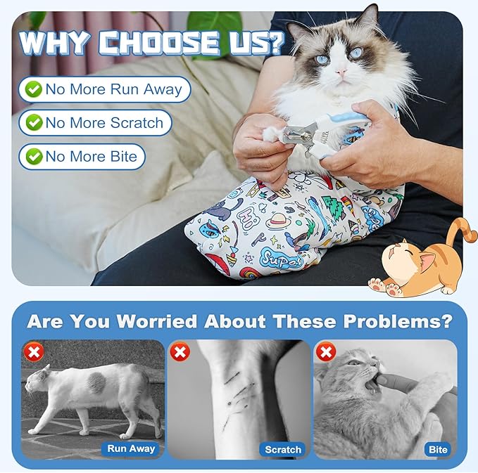 Supet Cat Grooming Wrap for Cutting Nails, 2026 Self-Adherent Anti-Escape Calming Cat Swaddle Wrap for Medicine, Nail Clipping, Teeth Brushing, Ear Cleaning (Cartoon, M)