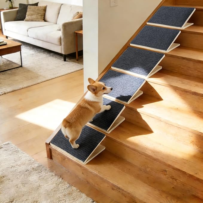 Anti-Slip Dog Steps for Stairs, 6 Pack Foldable Wooden Pet Ramp for Small Dogs, Low-Angle Stair Support for Senior, Injured, Short-Legged & Mobility-Limited Pets