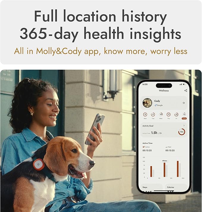 Molly&Cody GPS + Bluetooth Pet Tracker for Cats & Dogs – Real‑Time Tracking, Virtual Fence, IP67 Waterproof, Up to 60‑Day Battery, Health Monitoring, iOS/Android – Subscription Required (White)