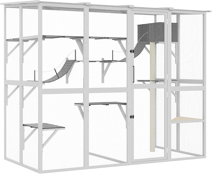 Large Walk-in Catio Wooden cat Houses for Multiple Outdoor Cats, Outdoor cat Enclosure with 4 Bridges & Transparent PVC Roof & sisal Scratcher, Kitty cat Condo Shelters (White)