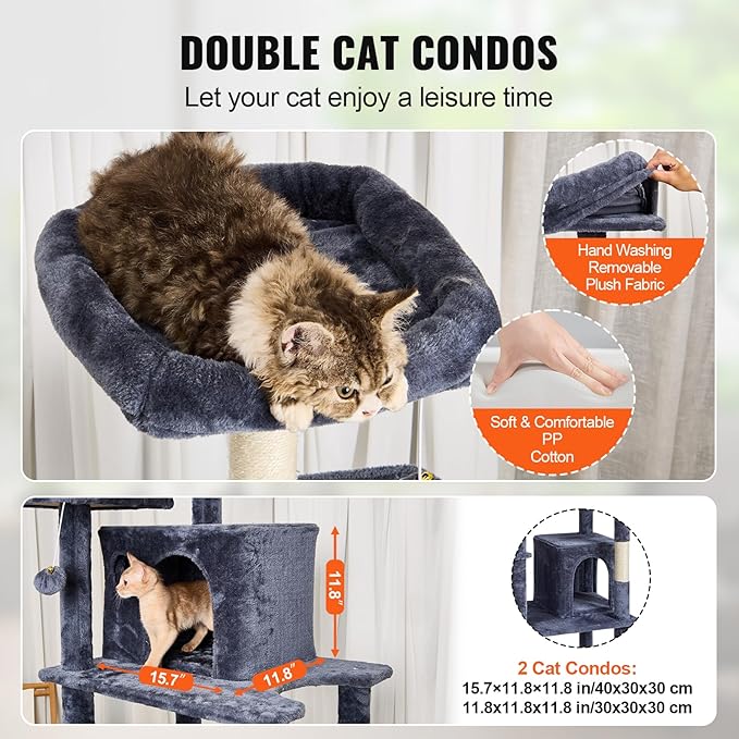 VEVOR Cat Tree for Indoor Cats, 68.5" Cat Tower with 2 Cat Condos, Sisal Scratching Post, Hammock, Top Perch, Jumping Platforms, Large Cat Furniture Activity Center with Hang Ball, Dark Grey