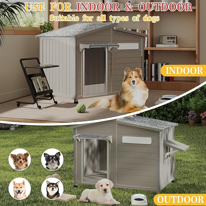 43" L Outdoor Extra Large Dog House with Removable Floor, Raised Feet, Anti-Chewing Iron Frame – Wooden Kennel with Asphalt Roof, Window for Indoor/Outdoor Use, Ideal for Medium to Large Dogs