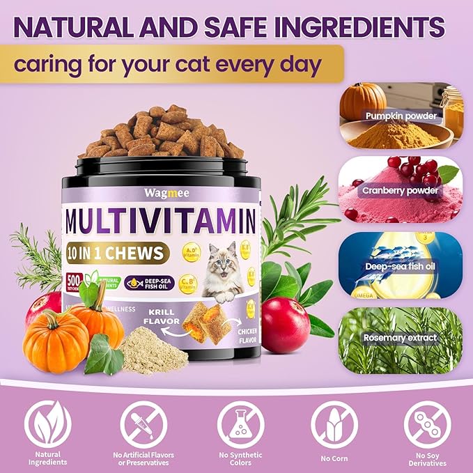 Cat Multivitamin with Fish Oil, 10 in 1 Taurine for Cats Vitamins Treats - 500 Crunchy & Creamy Chews Supports Energy, Bone, Joint, Skin & Coat Health - with Omega 3s, Biotin for All Breeds & Ages