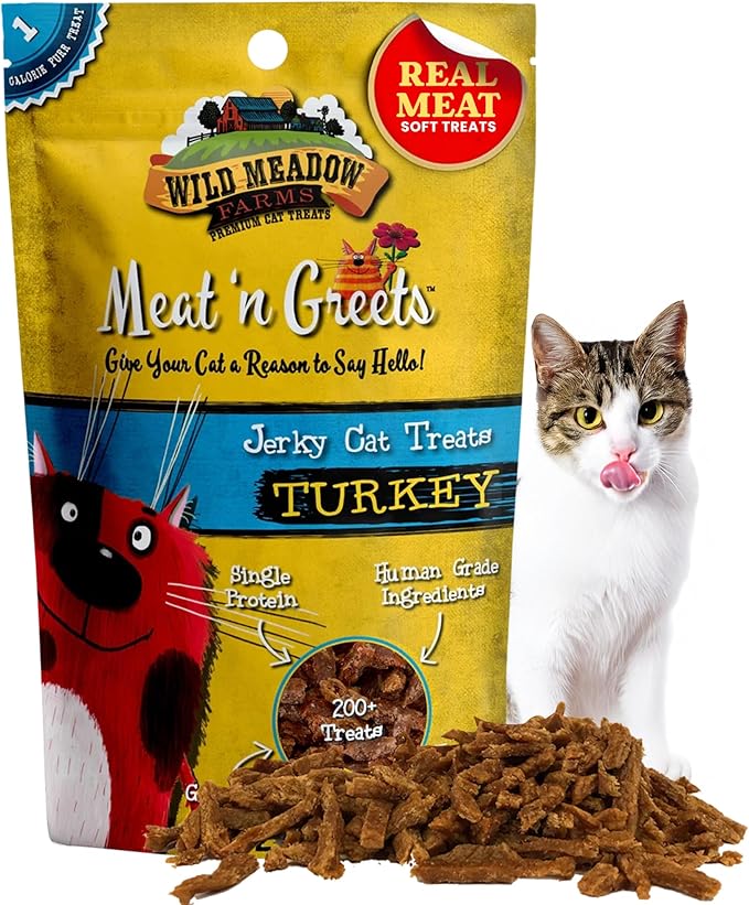 Wild Meadow Farms - Cat Treats - Meat 'N Greets - Soft Jerky Treats with Real Meat, High Protein, Grain-Free, Perfect for Training & Rewarding, All Natural Snacks for Cats - Turkey Flavor
