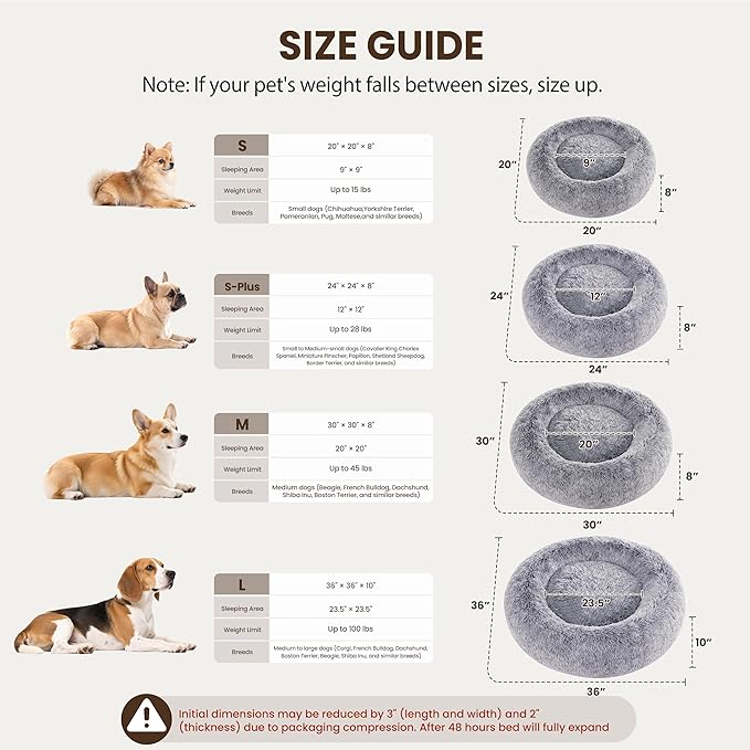 Donut Dog Bed Medium Size Dog 36 Inch, Round Cat Beds for Small Medium Dogs and Cats with Washable Fluffy Faux Fur, Cute Comfort Pet Bed with Anti-Slip Bottom, Grey