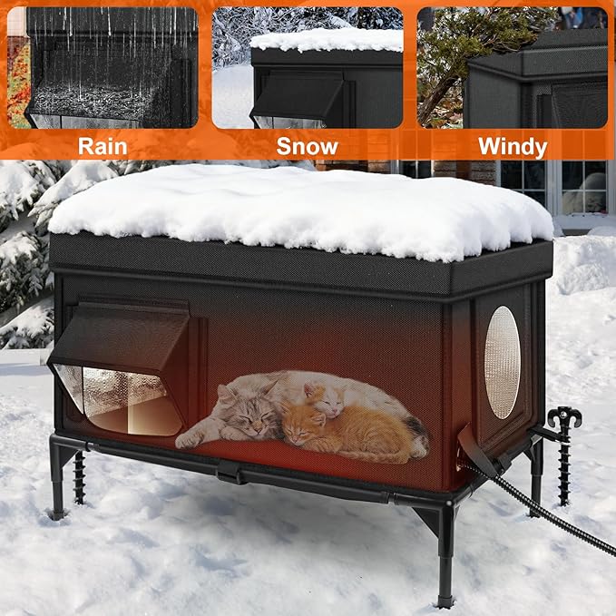 Heated Outdoor Cat House Weatherproof with Heating Pad, Heated Cats House for Outside, Insulated Feral Cat Houses for Outdoor Cats with Safe Escape Door, Elevated Outside Stray Cats Shelter(L)
