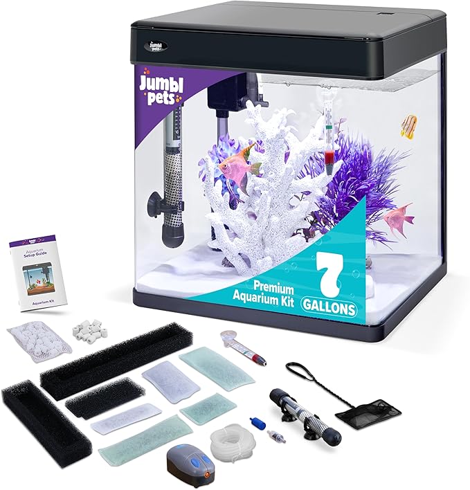 JumblPets Premium Fish Aquarium Kit, Complete Glass Fish Tanks Set with LED, Filtration System & Set, Hood & Lid, Bubbler Kit, Heater, Thermometer & Net, Ideal for Freshwater/Marine Fish, 7 Gallon