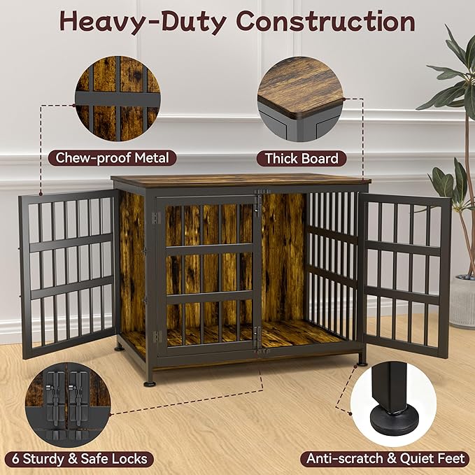 33'' Dog Crate Furniture Large Breed Dog Crate Dog Kennels for Inside Wooden Dog Crates End Table Heavy Duty Indoor Combination Cage for Medium to Large Dogs Walnut