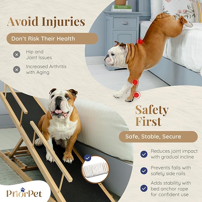 Dog ramp for Bed - PRIORPET Birchwood Adjustable Ramp for Dogs to Get on Bed: Dog ramps for High Beds up to 37 Inches – Foldable Ramp, Anti-Slip Grip & Safety Rails, Small Dogs Up to 120lbs – Natural
