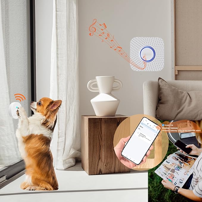 EverNary Dog Door Bell, WiFi Smart Doggie Doorbell for Potty Training with Wireless Waterproof Touch Button Transmitter and Receiver (1 WiFi Receiver 3 Button)