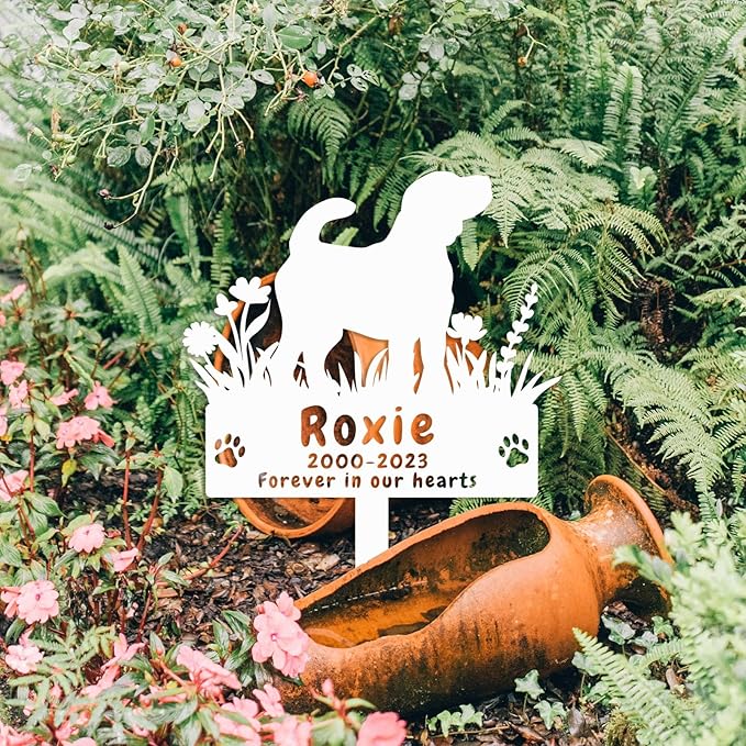 Custom Beagle Dog Memorial Grave Stake, Personalized Flowers Beagle Dog Memorial Grave Marker Headstone Metal Sign, Customized Outdoor Memorial Stake Plaque for Dog Owner Lovers