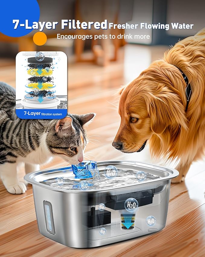 PETNF 3-Gallon Stainless Steel Dog Water Fountain for Large Dogs, Dog Water Bowl Dispenser with 2 Filters, Visible Water Window, Quiet Pump & LED Low-Water Indicator
