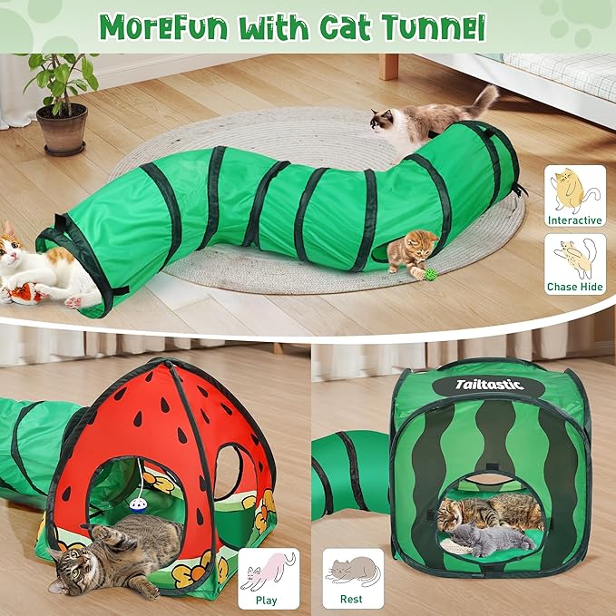 3-in-1 Watermelon Cat Play Tunnel with Pop-Up Cube & Triangle Cat Tent, Interactive Toy Ball & Foldable Design - Easy Magic Tape Assembly Tunnels for Indoor Cats