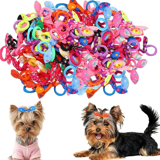 Dog Bows with Rubber Bands,Dog Hair Accessories Set, 100pcs Cute Puppy Dogs Small Bowknot Hair Bow Dogs Fur Bows