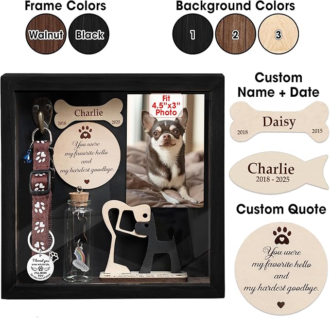 Personalized Shadow Box Dog Memorial Gift Collar Holder Picture Frame Sympathy Wood Pet Dog Cat Sculptures Fur Jar Rainbow Bridge Hair Teeth Keepsake Idea Gift for Pet Lover Tabletop Wall Hanging