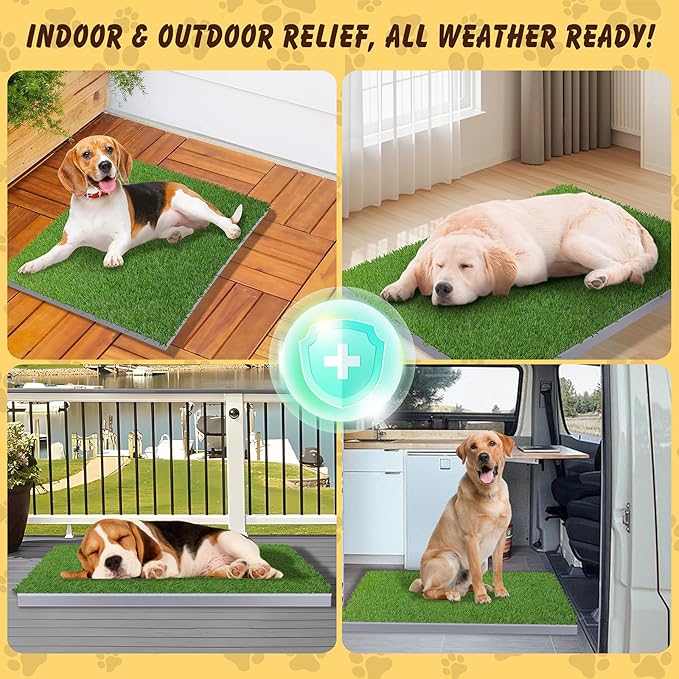 Upgrade Stainless Steel Dog Grass Pad with Tray, Potty Training System for Dogs, 4-Layer Quick Drainage & Odor Control, Heavy Duty Indoor Outdoor Grass Turf for Balcony, Porch, Home Use-31.5"x23.6"