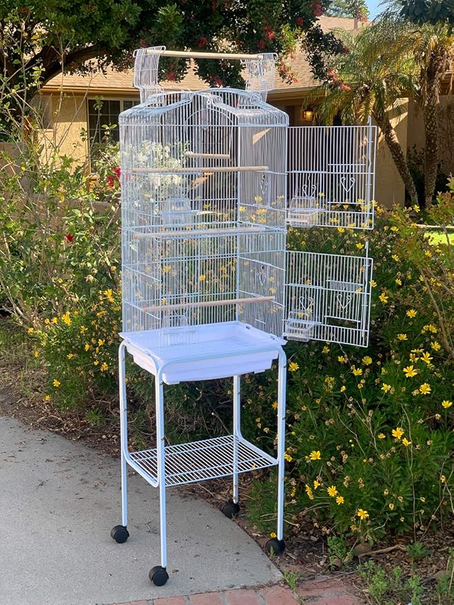 Large Open/Close Play Perch Stand Top Side Nesting Box Doors Canary Parakeet Cockatiel Lovebird Finch Roof Top Bird Cage with Removable Rolling Stand