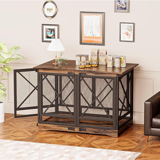 COZPAW Large Dog Crate Furniture - 48 inch Heavy Duty Dog Kennel Indoor for XLarge Breed with Double Doors, Wooden Dog Cage XL Modern Decorative End Table Pet House (Brown)