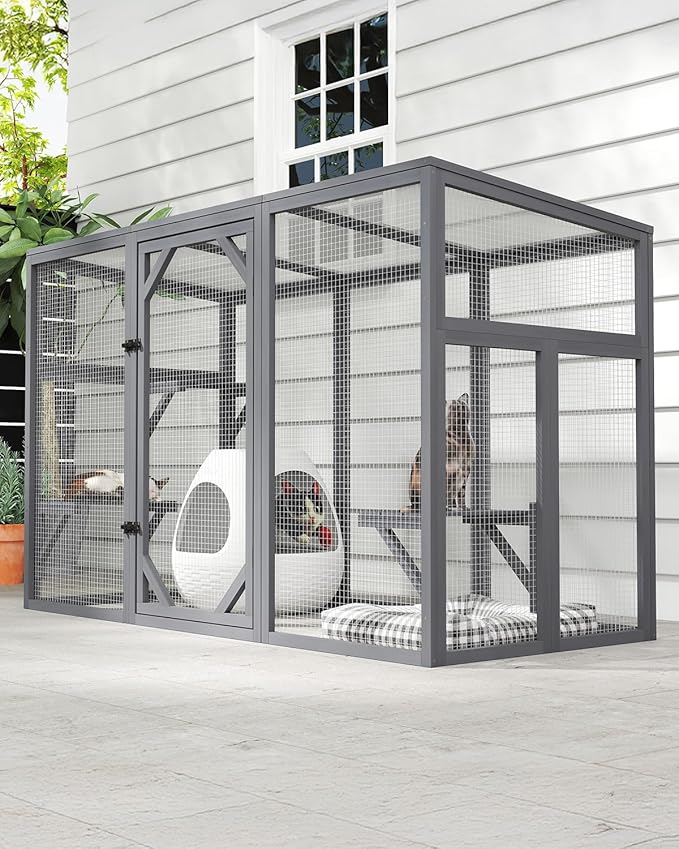 Outdoor Cat House, 71" Catio Outdoor Cat Enclosure, Large Cat Patio Enclosure for Multiple Cats, Weatherproof Cattio for Cats Outside, Wood Frame, Easy Assembly for Backyard, Grey