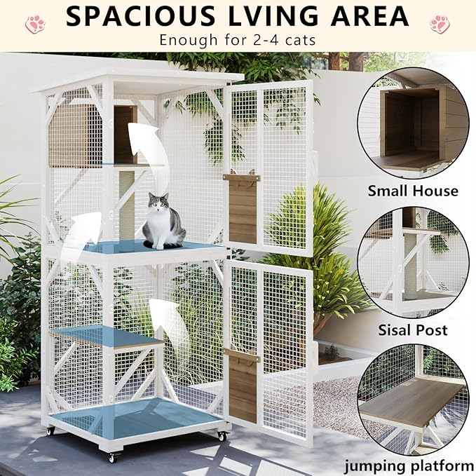 LEMBERI 71" Cat House Outdoor Catio Cat Enclosures on Wheels, Large Outside Patio Wooden Cat Cage Resting Box,Scratching Post, Waterproof Roof (White)