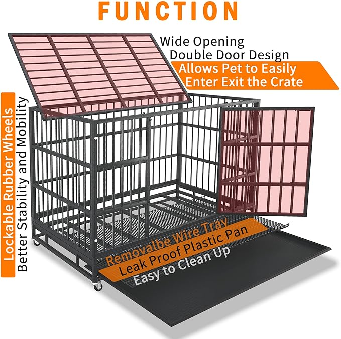 42 Inch Heavy Duty Dog Crate Cage with Wheels, Indestructible and Escape Proof Steel Kennel Indoor for High Anxiety Dogs with Sturdy Locks, Double Door and Tray, Extra Large XL XXL