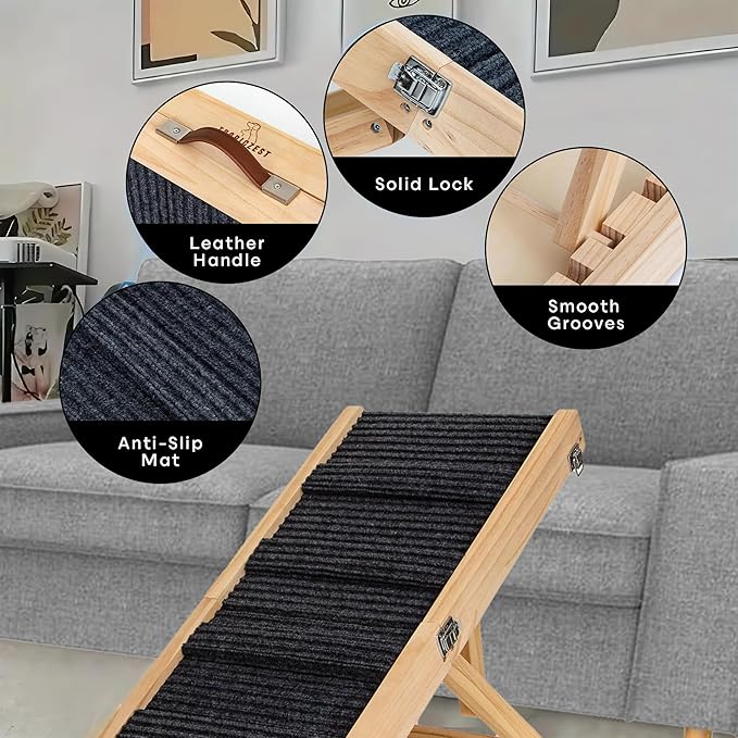 Dog Ramp for Bed and Couch - Wooden Adjustable Pet Stairs with 4-6 Height Settings for Dogs, Cats, Puppies, Pets and Indoor Outdoor Use
