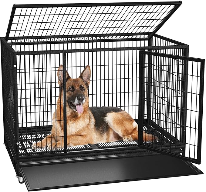 38 inch Heavy Duty Wire Dog Crate Cage Kennel for Large Dogs, High Anxiety Dog Crate with Removable Crate Trays, Wheels and Double Door, Extra Large XL XXL