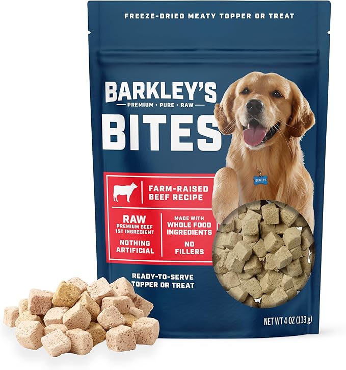 Barkley’s Bag Beef Bites, Freeze Dried Dog Treats and Food Topper, Protein Packed, Made with Beef, Barley, and Quinoa, Small Bite-Sized Pieces for Training Rewards, American Made Dog Snacks, 4 Oz Bag