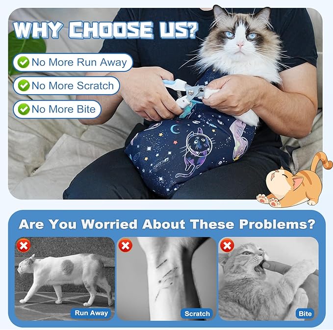 Supet Cat Grooming Wrap for Cutting Nails, 2026 Self-Adherent Cat Wrap, Anti-Escape Calming Cat Swaddle Wrap for Medicine, Nail Clipping, Teeth Brushing, Ear Cleaning (Space, L)