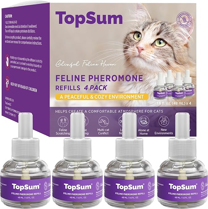 TopSum Cat Pheromones Calming Diffuser: Premium Pheromone Diffuser for Cats - Cat Pheromones Diffuser - Cat Calming Diffuser - Cat Calming Pheromone Diffuser (4 Refills Original)