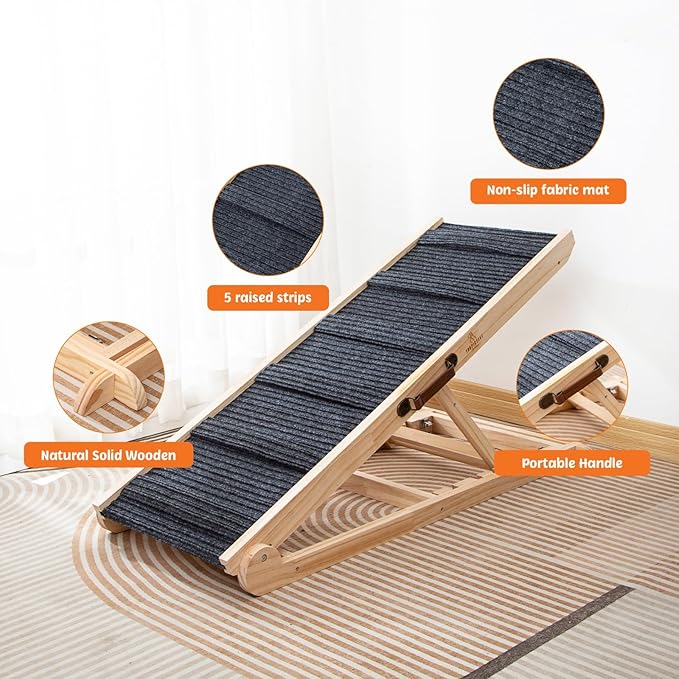 Large Dog Ramp for Bed and Couch Non Foldable Wooden Adjustable Pet Stairs for Dogs and Cats 41.3" Non Slip Ramp with 6 Height Settings Upto 25.6" Puppies, Pets, Indoor Outdoor Use