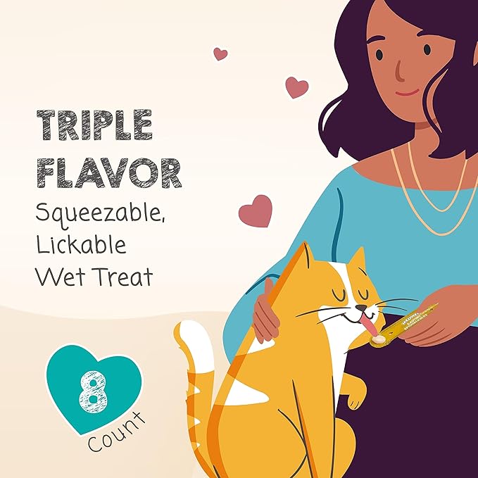 Savory Spoonables with Real Chicken, Salmon and Duck for Cats, 8 Count, Treat Your Cat to Triple Flavor Squeezable Lickable Wet Treats with Built-in Spoon for Less Mess