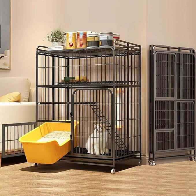 Multi-Tier Collapsible Cat Cage Crate, cat playpen for Indoor with 360° Wheels, Metal Wire Cat Kennel with Secure Lock, Large Ferret Playpen for Adult Cats Kitten Chinchilla (Black 3-Tier)