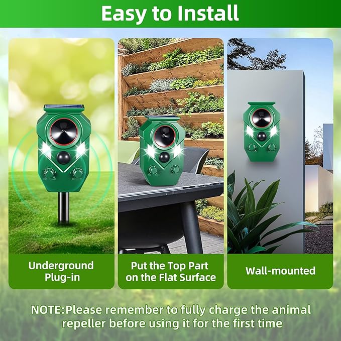 Solar Ultrasonic Animal Repeller Cat Deterrent Outdoor Squirrel Rabbit Dog Skunk Raccoon Coyote Fox Deer Predator Deterrents Repellent Device with Light & Motion Detection for Yard Farm Garden