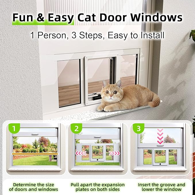 Cat Door for Window, Aluminum Cat Door Window Insert with 4 Secure Lock Modes, Magnectic Closure for Cats, Fit Window Width 28"-32", White
