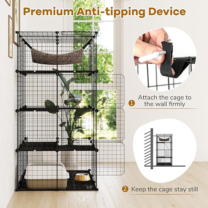 PETSITE 4-Tier Cat Cages Indoor, Metal Wire Cat Enclosure with Extra Large Hammock, 3 Ladders, and 4 Lockable Doors, Detachable Indoor Cat Catio Kennel for 1-4 Cats Kitten, Anti-toppling Kits Included