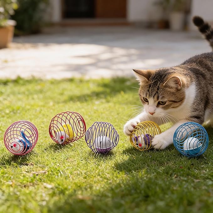 Jecery 5 Pcs Cat Spring Balls Toys Stretchable Rolling Balls Colorful Playful Coils Interactive Action Toy Caged Rats for Kitten Pet Supplies (Mouse and Bell,Mix Colors)