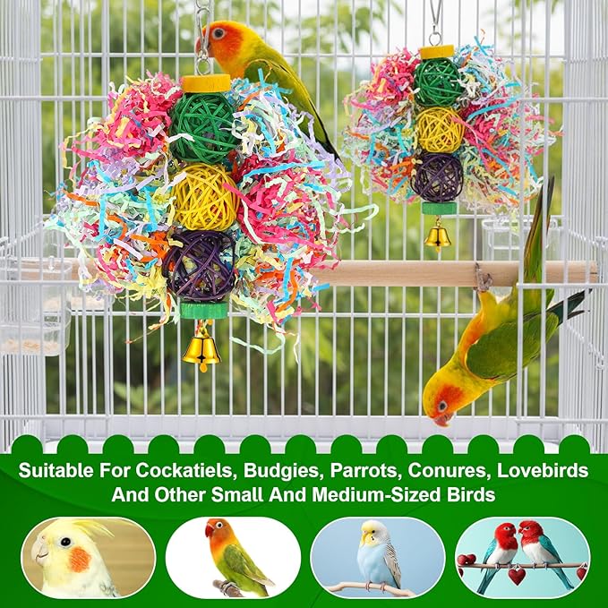 6 Pcs Bird Toy Parrot Chew Toy for Large Birds Rattan Ball Crinkle Paper Bird Shredding Toys Parrots Cage Accessories with Bell for African g Parrots Cockatoos Macaws Small Medium Parrot