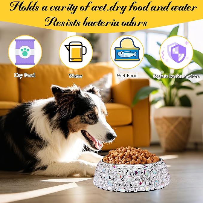 SlowVibes Bling Stainless Steel Dog Bowls,12oz Detachable Big Diamond Metal Food Water Bowl for Feeding Dogs Cats,Rust Resistant Non-Slip Puppy Dish,Sparkle Essentials for Small Medium Large Girl Pets