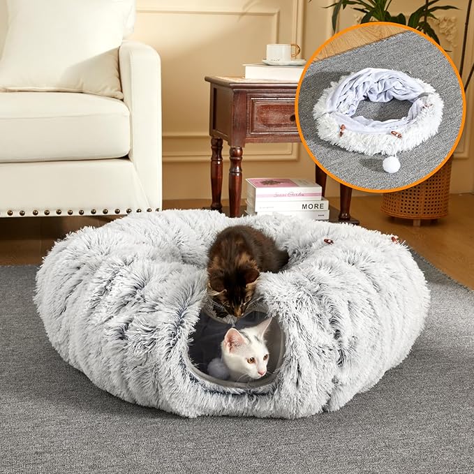 Cat Tunnel,Peekaboo Cat Cave Bed for Indoor Cats Cat Donut Tunnel for Pet Cat House Detachable Round Cat Felt & Washable Interior Cat Play Tunnel (Grey, 32in)