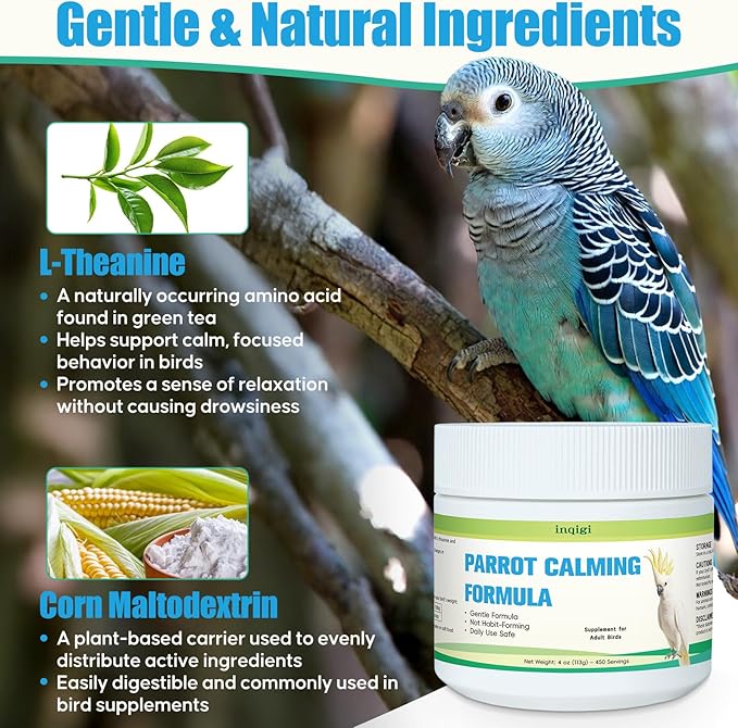 Parrot Calming Supplement – Natural Bird Stress Support Powder for Fireworks, Travel & Visitors – Vet-Formulated – Easy to Use Daily Support for Parrots – 4oz (450 Servings)